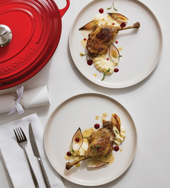 Duck Confit with Potato Puree and Charred Shallots